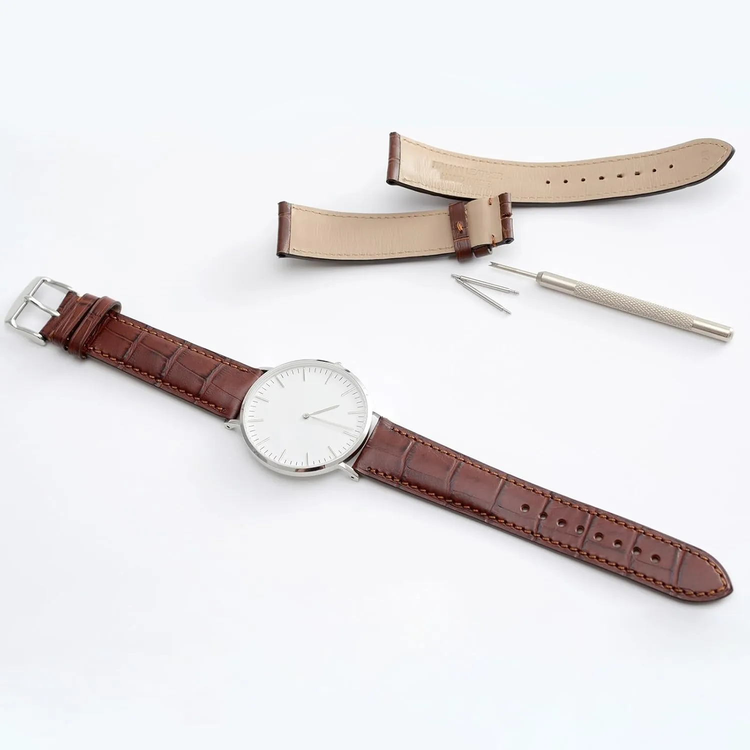 WOCCI 22mm Watch Band, Italian Leather, Embossed Alligator Grain, Silver Buckle (Brown)