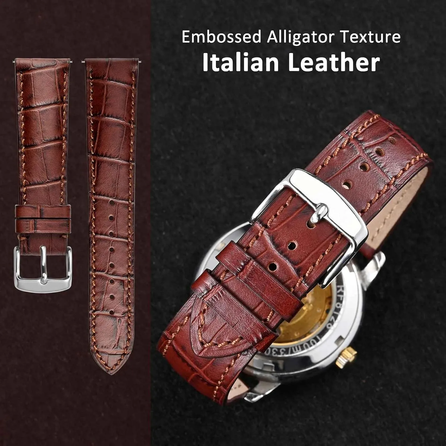 WOCCI 22mm Watch Band, Italian Leather, Embossed Alligator Grain, Silver Buckle (Brown)