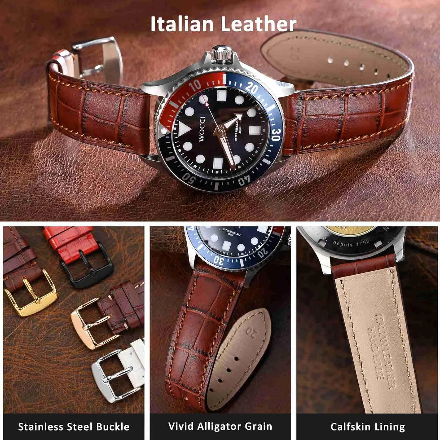 WOCCI 22mm Watch Band, Italian Leather, Embossed Alligator Grain, Silver Buckle (Brown)