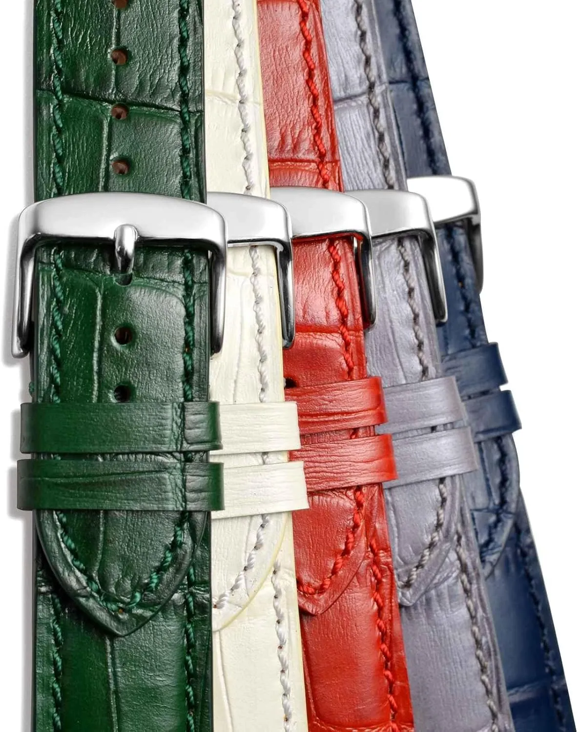 WOCCI 22mm Watch Band, Italian Leather, Embossed Alligator Grain, Silver Buckle (Brown)