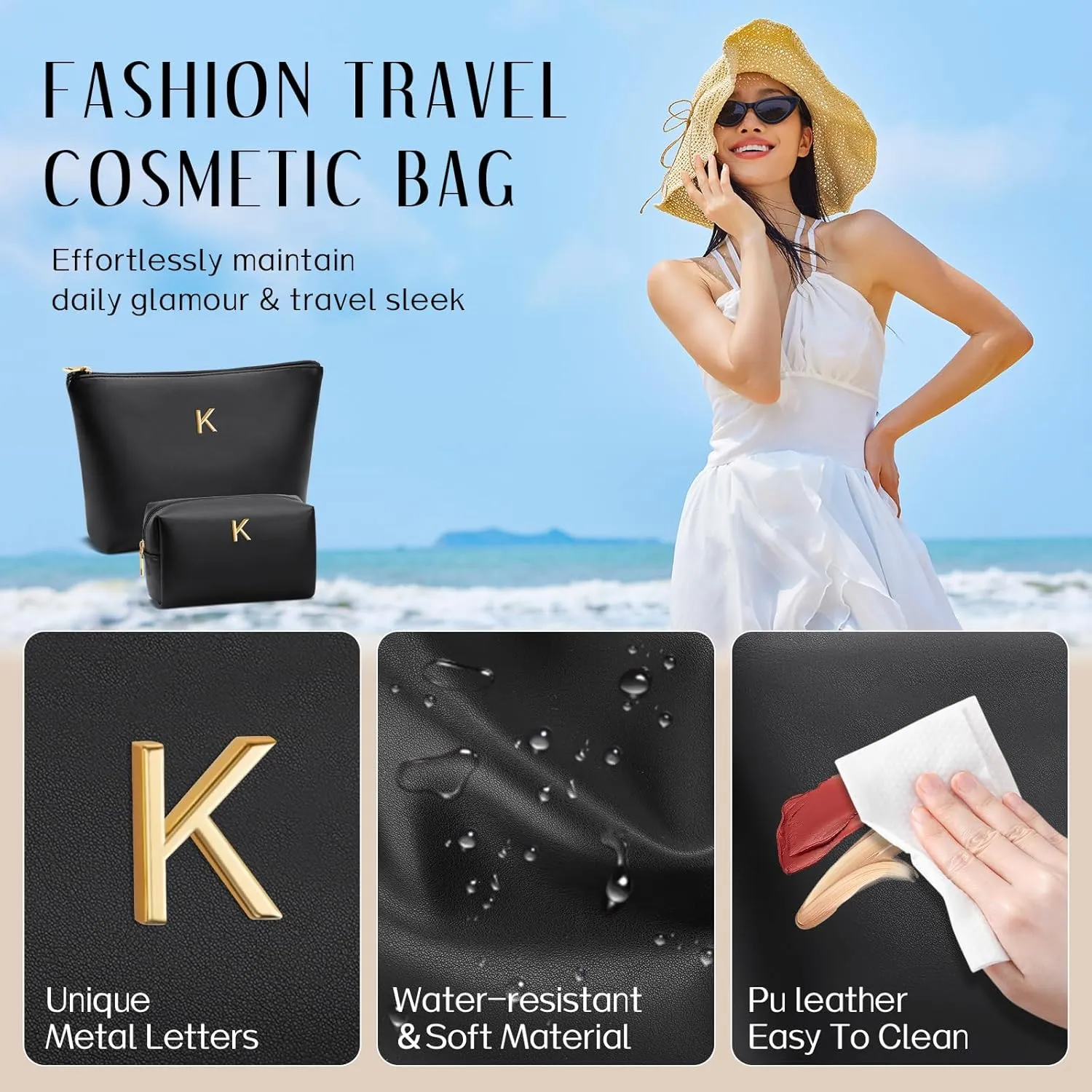 Women Gifts | Initial Makeup Bag Set for Girl Personalized Gifts for Bridesmaid Friend Graduation Teachers PU Leather Cosmetic Travel Toiletry Bag(Black,K)