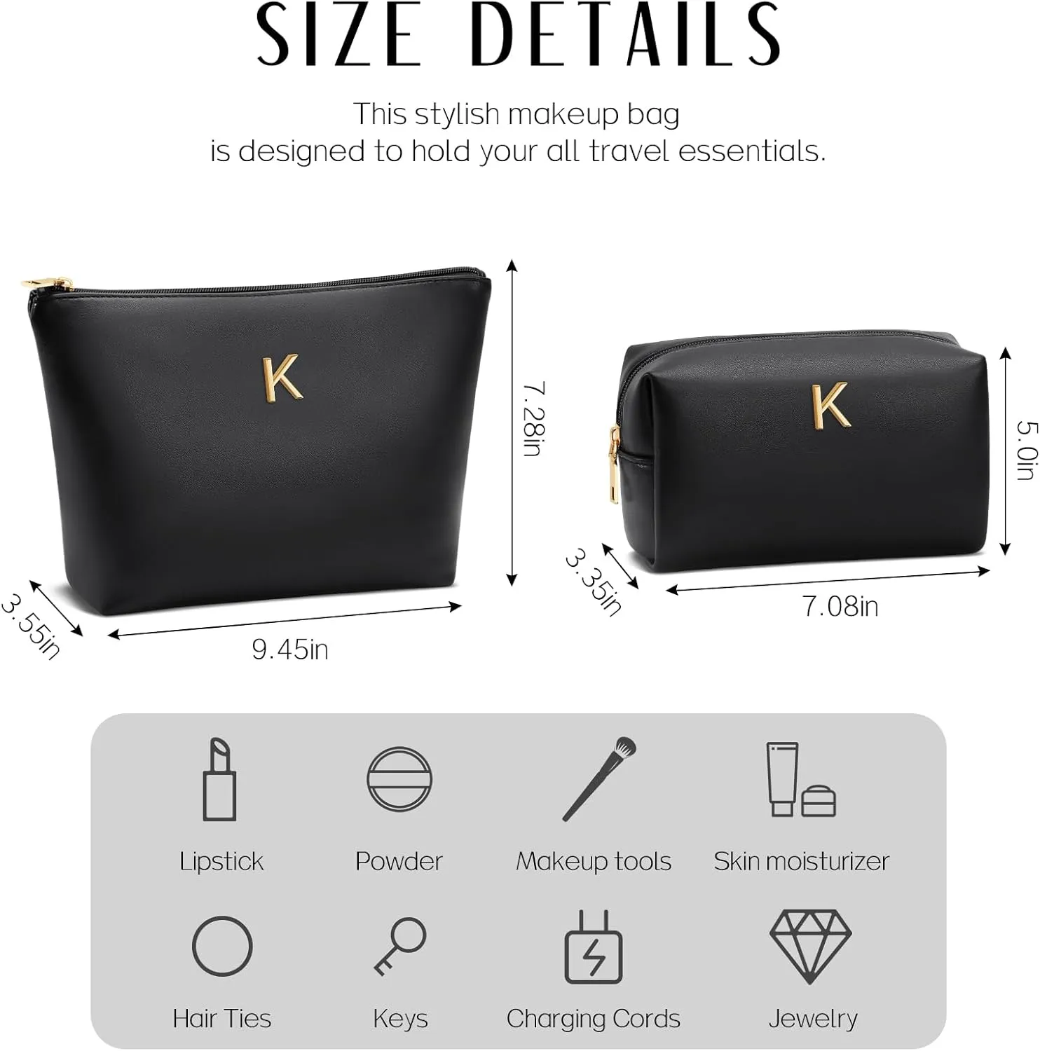 Women Gifts | Initial Makeup Bag Set for Girl Personalized Gifts for Bridesmaid Friend Graduation Teachers PU Leather Cosmetic Travel Toiletry Bag(Black,K)