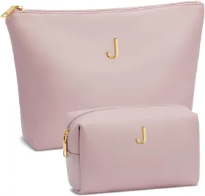 Women Gifts | Initial Makeup Bag Set for Girl Personalized Gifts for Bridesmaid Friend Mom Teachers PU Leather Cosmetic Travel Toiletry Bag(Pink,J)