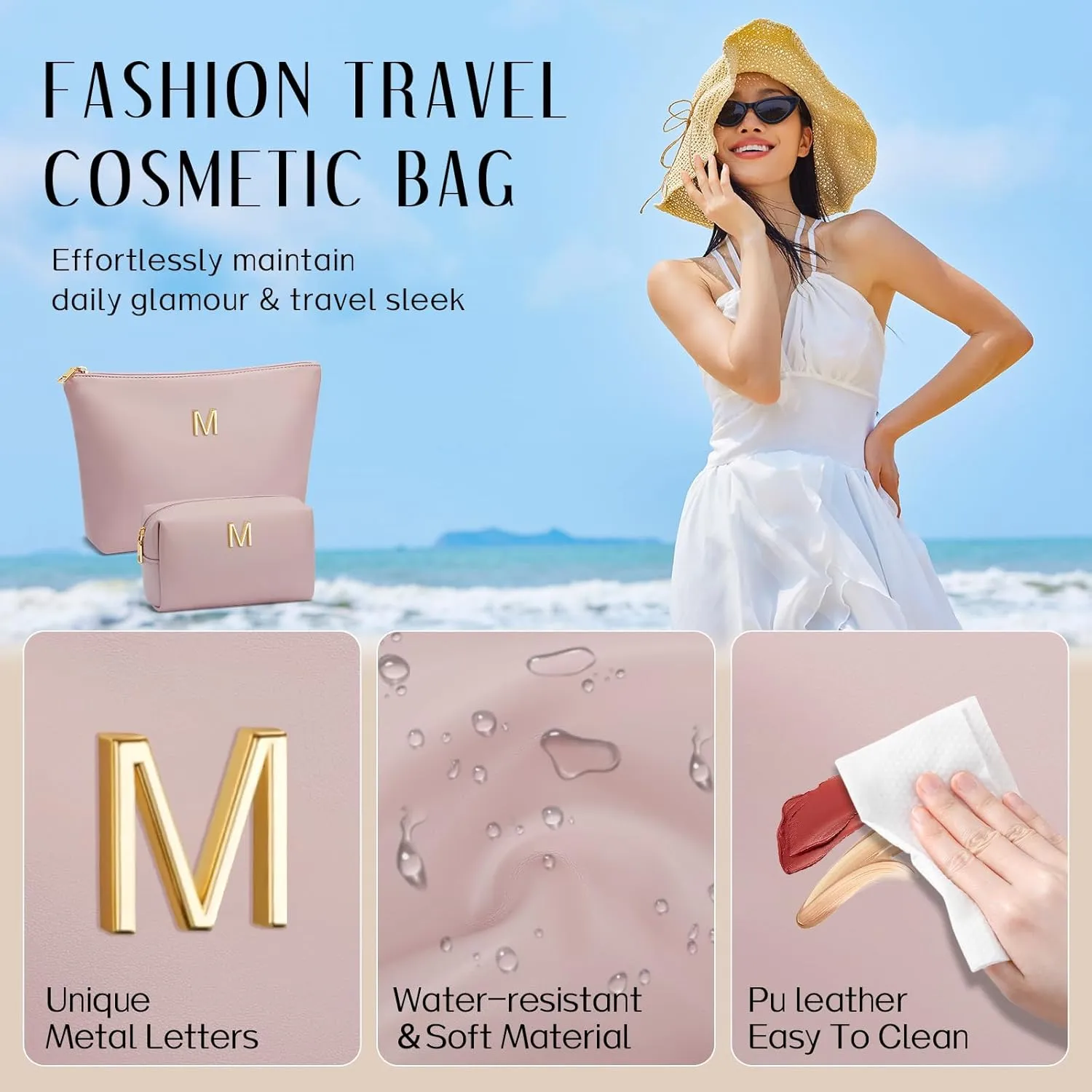Women Gifts | Initial Makeup Bag Set for Girl Personalized Gifts for Bridesmaid Friend Mom Teachers PU Leather Cosmetic Travel Toiletry Bag(Pink,M)