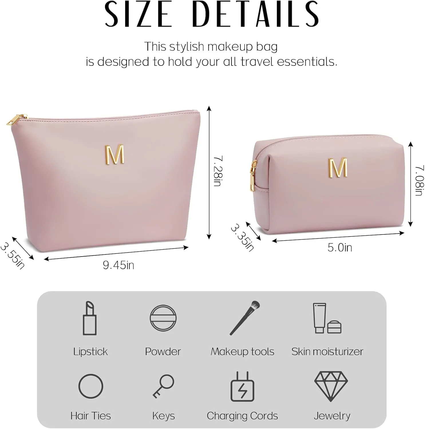 Women Gifts | Initial Makeup Bag Set for Girl Personalized Gifts for Bridesmaid Friend Mom Teachers PU Leather Cosmetic Travel Toiletry Bag(Pink,M)