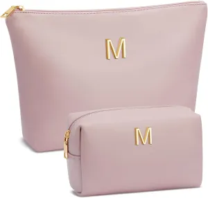 Women Gifts | Initial Makeup Bag Set for Girl Personalized Gifts for Bridesmaid Friend Mom Teachers PU Leather Cosmetic Travel Toiletry Bag(Pink,M)