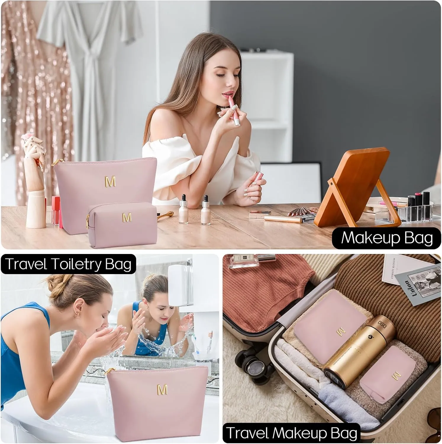 Women Gifts | Initial Makeup Bag Set for Girl Personalized Gifts for Bridesmaid Friend Mom Teachers PU Leather Cosmetic Travel Toiletry Bag(Pink,M)