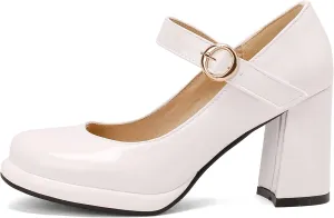 Women Retro Mary Jane Shoes Chunky High Block Heels Patent Leather Buckle Strap Closed Toe Platform Pumps Dress Work Shoes