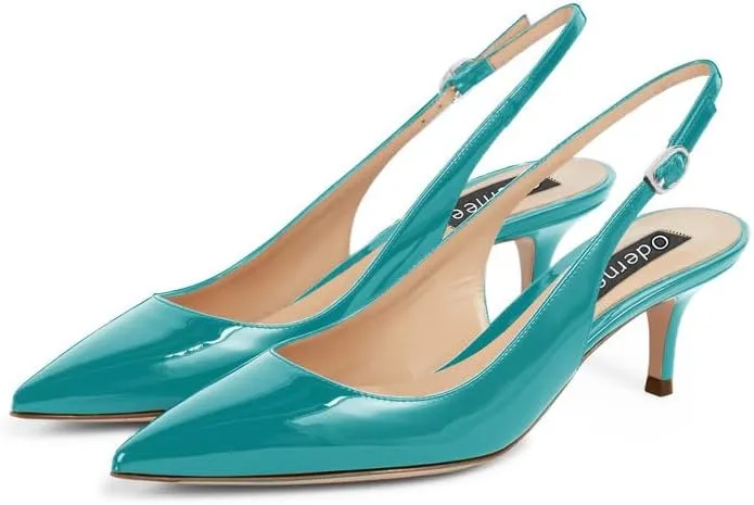 Women's 2 Inch Slingback Pointed Toe Slip On Patent Leather Buckle Strap Kitten Low Heel Sandals Dress Shoes Prom