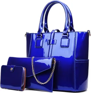 Women's 3pcs Handbags Patent Leather Fashion Shoulder Bag Large Capacity Handbag
