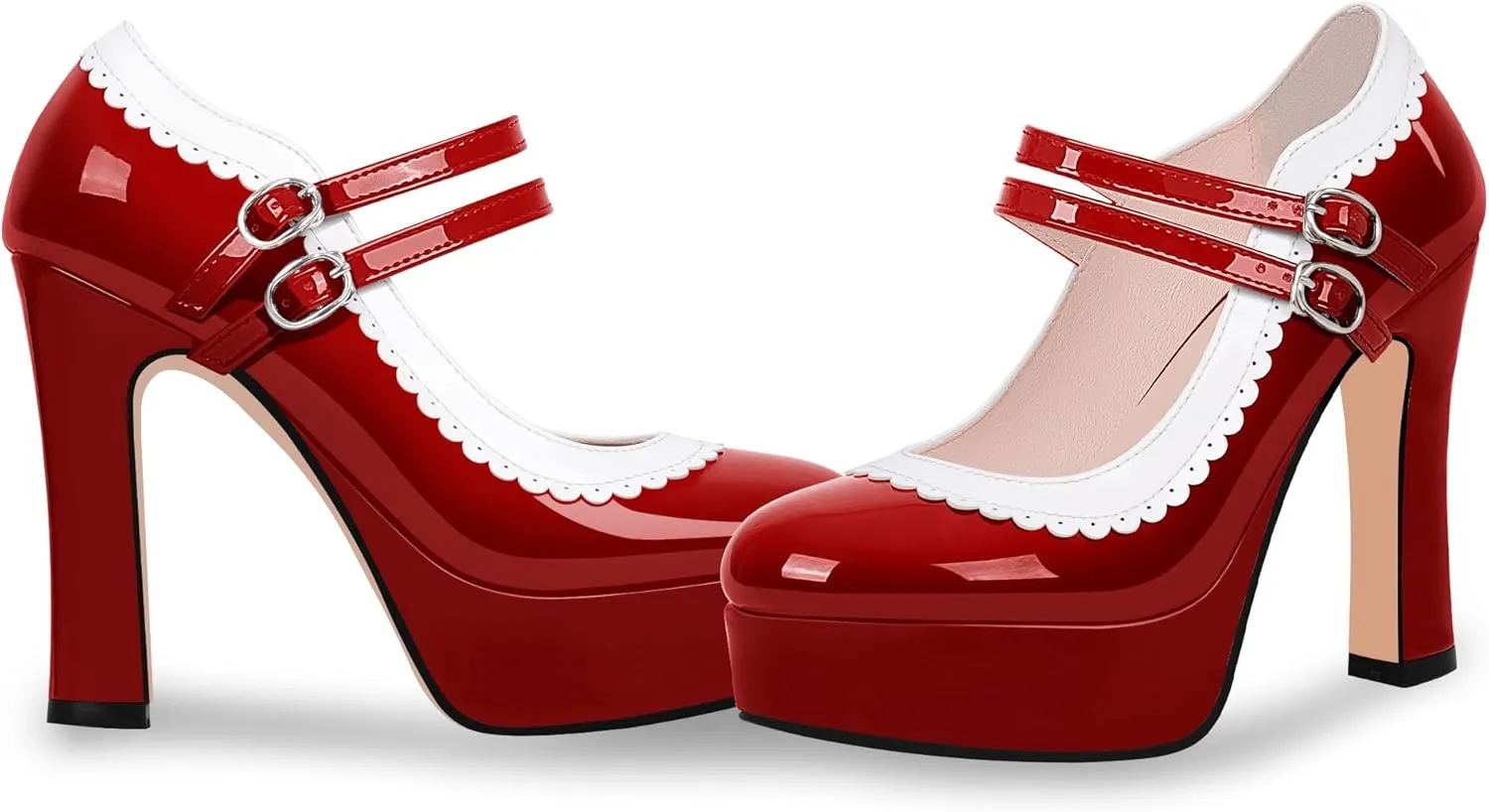 Women's Ankle Strap Plafrom Mary Janes Pumps Block High Heels Double Buckle Patent Leather Dress Shoes