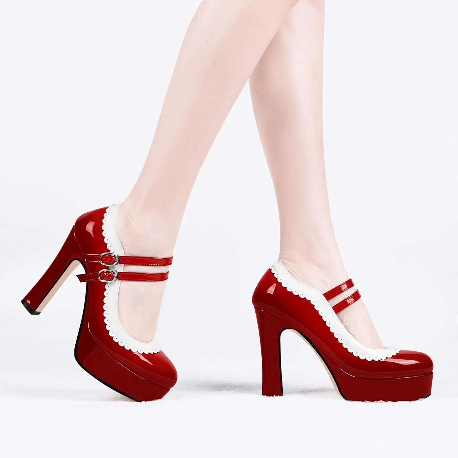 Women's Ankle Strap Plafrom Mary Janes Pumps Block High Heels Double Buckle Patent Leather Dress Shoes