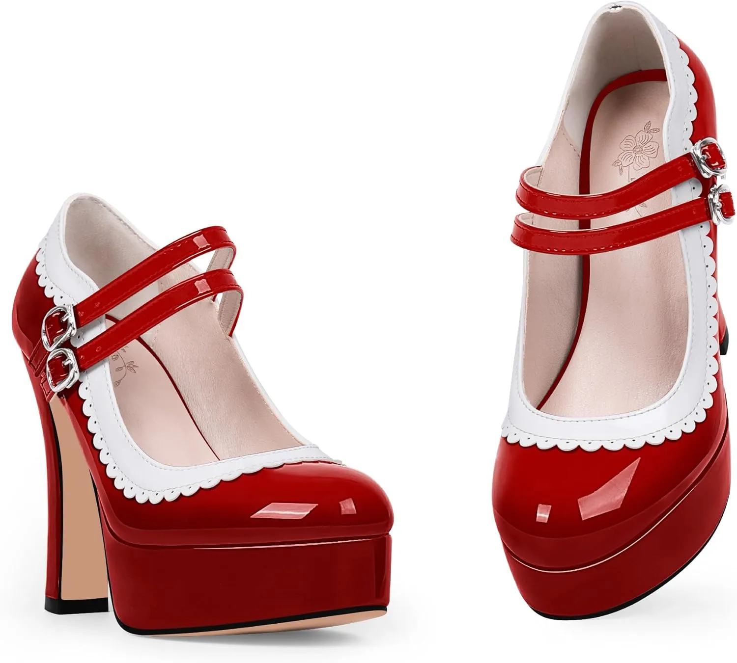 Women's Ankle Strap Plafrom Mary Janes Pumps Block High Heels Double Buckle Patent Leather Dress Shoes