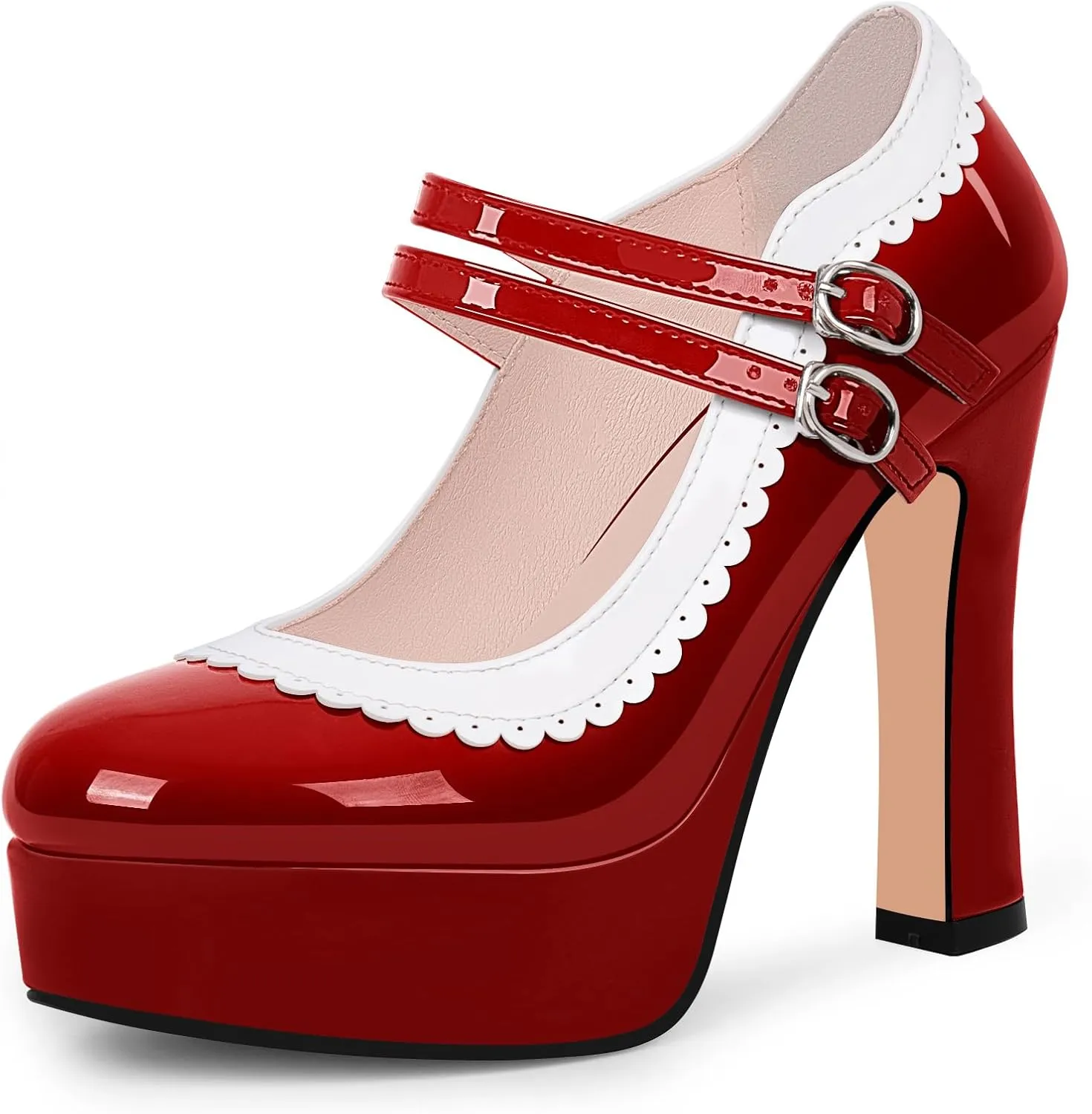 Women's Ankle Strap Plafrom Mary Janes Pumps Block High Heels Double Buckle Patent Leather Dress Shoes