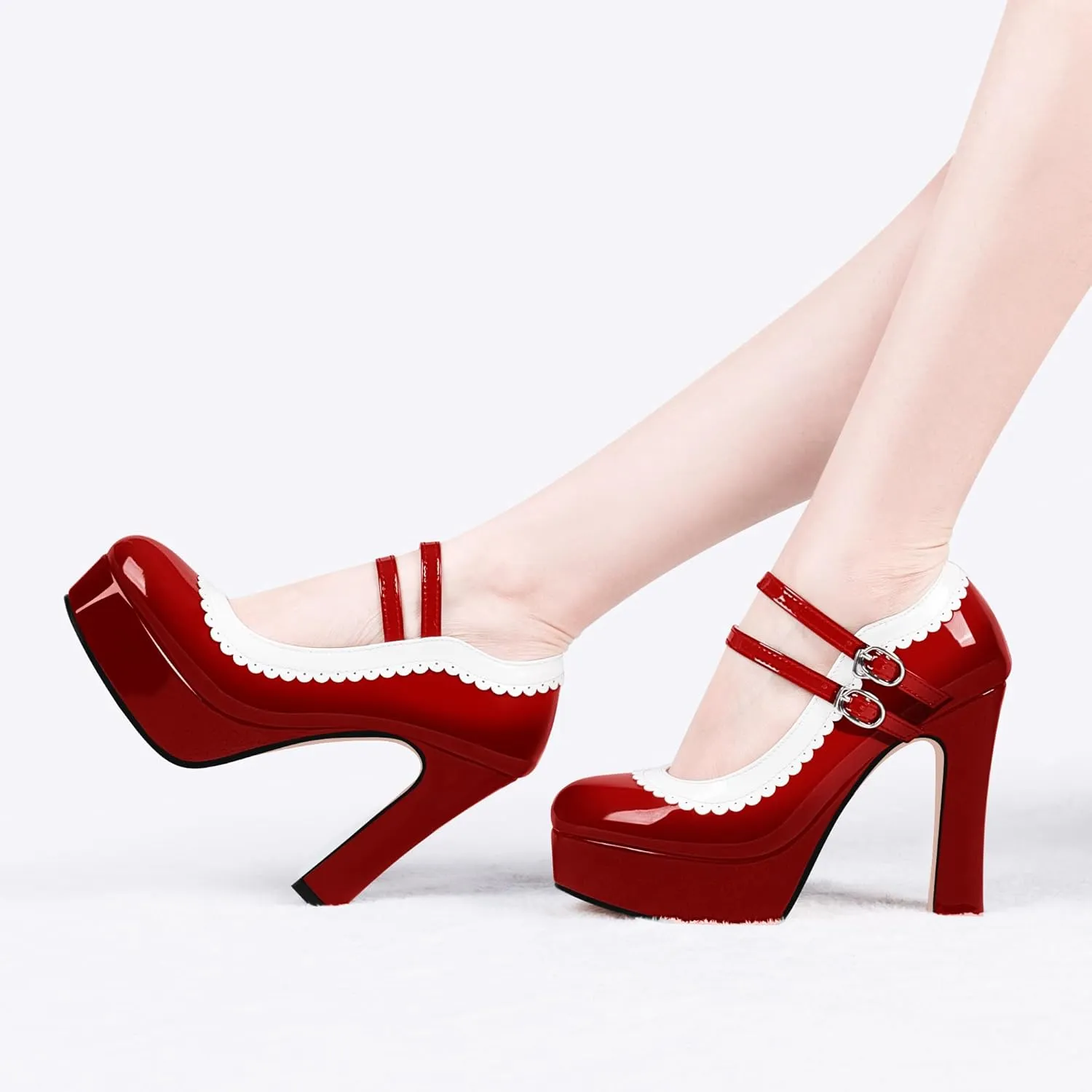 Women's Ankle Strap Plafrom Mary Janes Pumps Block High Heels Double Buckle Patent Leather Dress Shoes