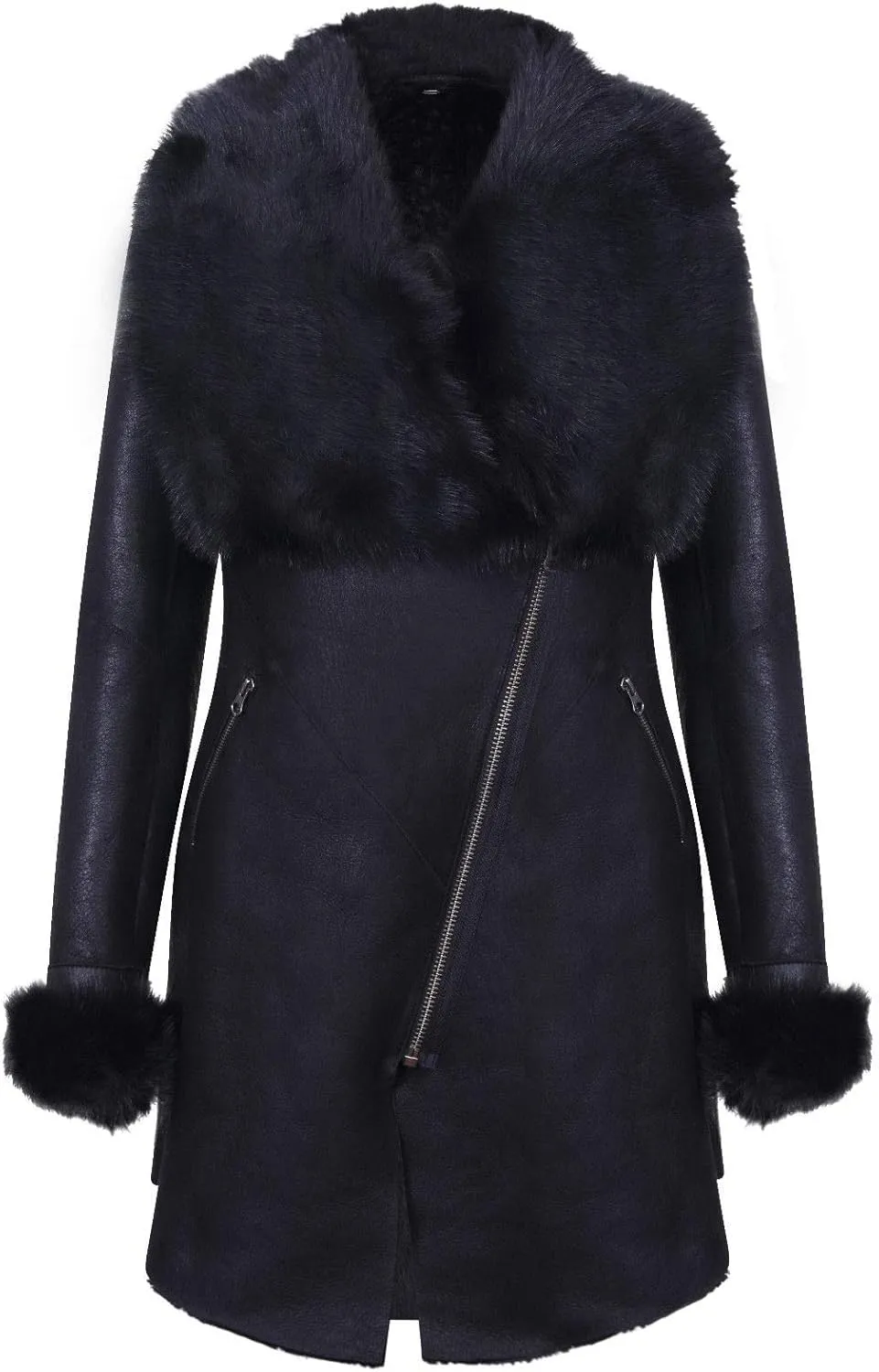 Women's Black Suede Merino Sheepskin Leather Coat with Toscana Collar