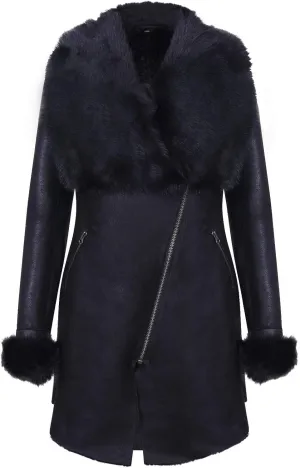 Women's Black Suede Merino Sheepskin Leather Coat with Toscana Collar