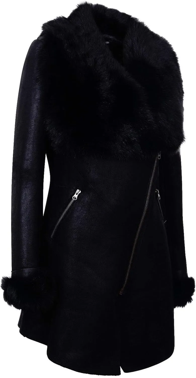 Women's Black Suede Merino Sheepskin Leather Coat with Toscana Collar