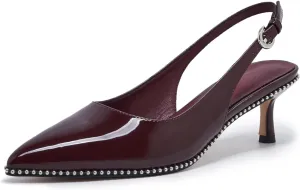 Women's Burgundy Slingback Kitten Heels – Pointed Toe Patent Leather Dress Shoes with Rhinestone Trim – Elegant Low Heel Pumps for Party, Wedding, or Office