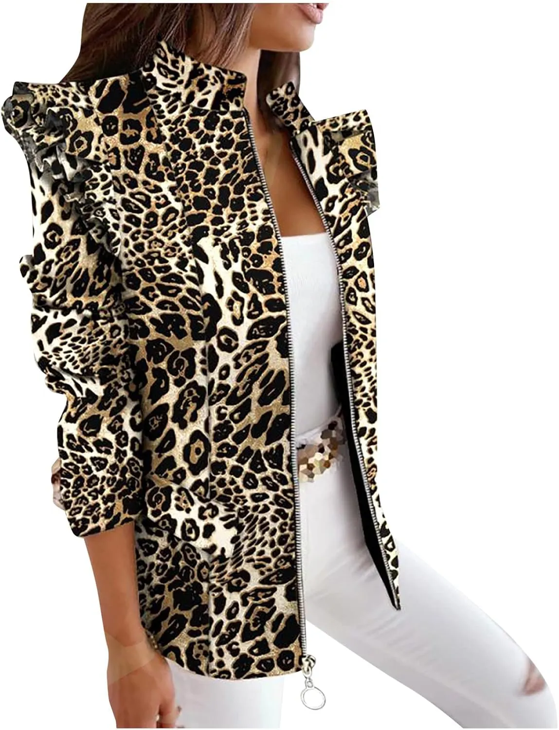 Womens Casual Blazers Fashion Print Ruffle Long Sleeve Open Front Work Office Blazer Bussiness Jackets with Pockets