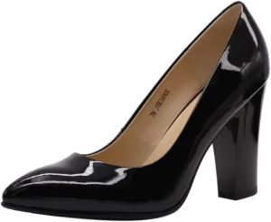 Women's Chunky Heel Closed Pointed Toe Patent Leather Dress Pumps Shoes