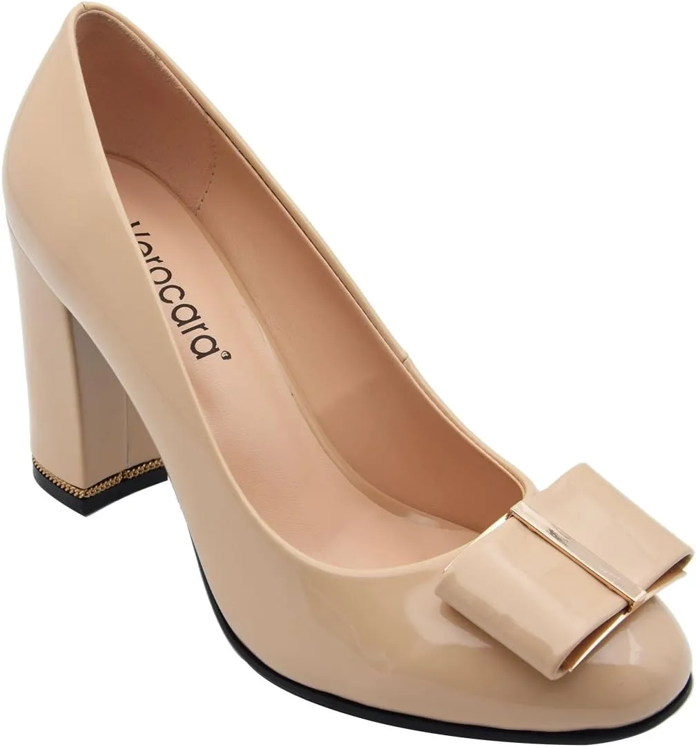 Women's Chunky Heel Ornament Decoration Genuine Leather Dress Pumps Shoes for Official Occasion