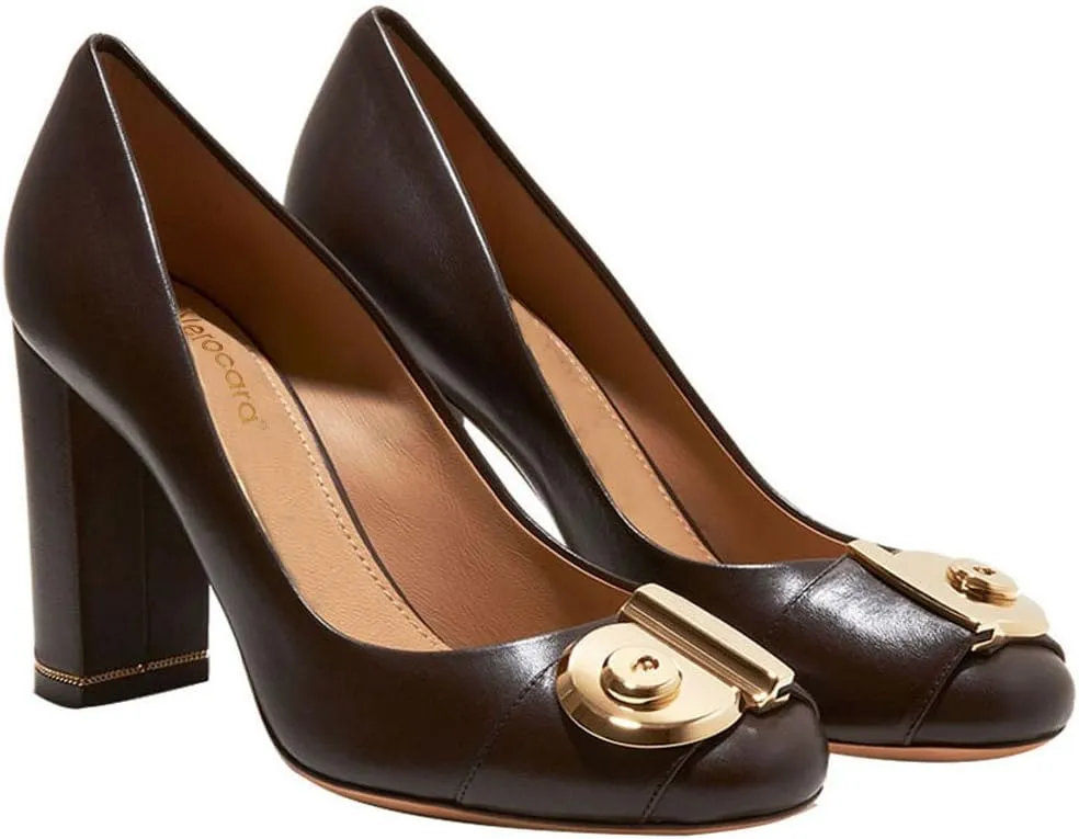 Women's Chunky Heel Ornament Decoration Genuine Leather Dress Pumps Shoes for Official Occasion