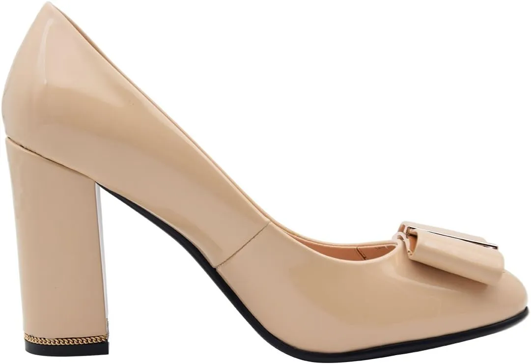 Women's Chunky Heel Ornament Decoration Genuine Leather Dress Pumps Shoes for Official Occasion