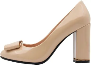 Women's Chunky Heel Ornament Decoration Genuine Leather Dress Pumps Shoes for Official Occasion