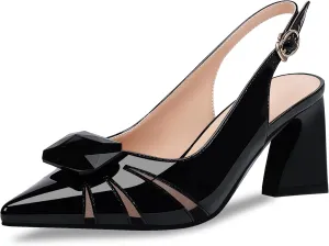 Women's Chunky Heel Slingback Pumps Patent Leather Pointed Toe Dress Shoes