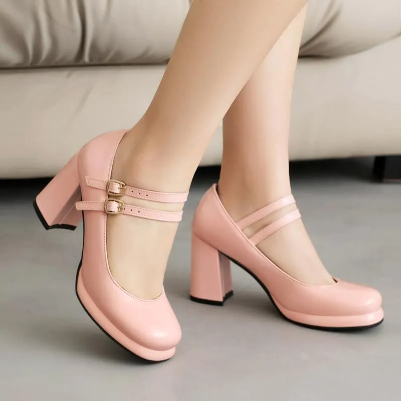 Women's Chunky Heels Platform Mary Janes Square Toe Pumps 3 Strap Patent Leather Block High Heel Dress Shoes