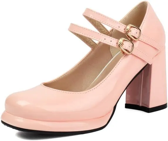 Women's Chunky Heels Platform Mary Janes Square Toe Pumps 3 Strap Patent Leather Block High Heel Dress Shoes