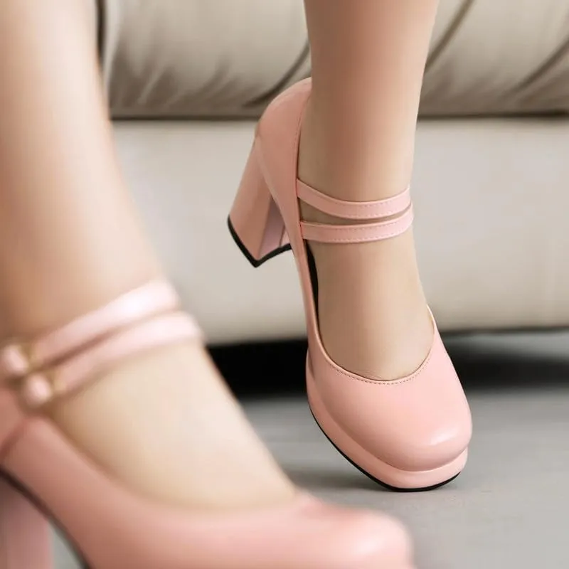 Women's Chunky Heels Platform Mary Janes Square Toe Pumps 3 Strap Patent Leather Block High Heel Dress Shoes
