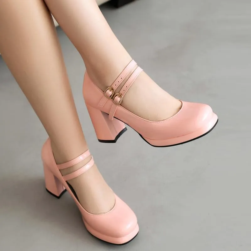 Women's Chunky Heels Platform Mary Janes Square Toe Pumps 3 Strap Patent Leather Block High Heel Dress Shoes