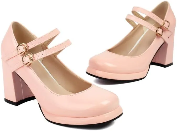 Women's Chunky Heels Platform Mary Janes Square Toe Pumps 3 Strap Patent Leather Block High Heel Dress Shoes