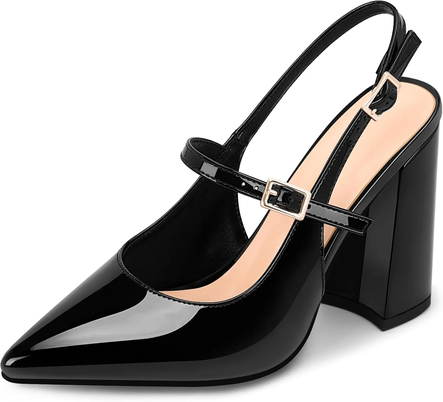 Women's Chunky High Heel Pumps Pointed Toe Slingback Buckle Strap Patent Leather Dress Shoes