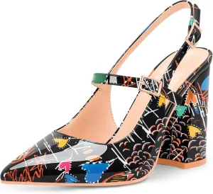 Women's Chunky High Heel Pumps Pointed Toe Slingback Buckle Strap Patent Leather Dress Shoes