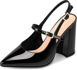 Women's Chunky High Heel Pumps Pointed Toe Slingback Buckle Strap Patent Leather Dress Shoes