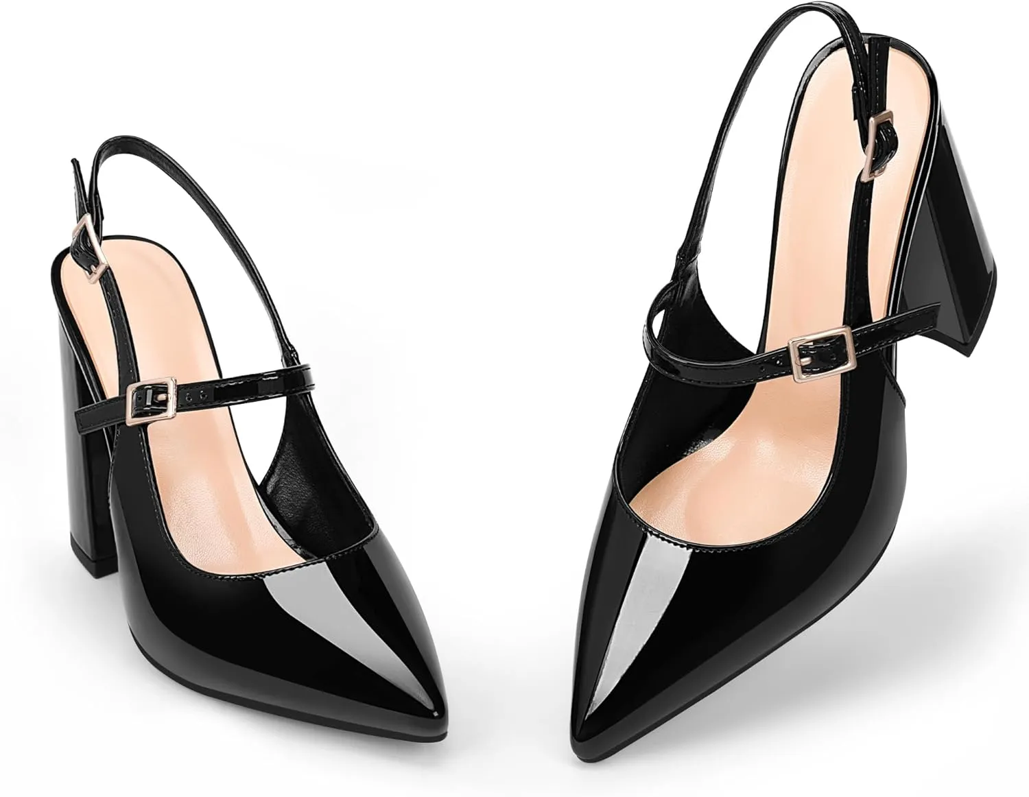 Women's Chunky High Heel Pumps Pointed Toe Slingback Buckle Strap Patent Leather Dress Shoes