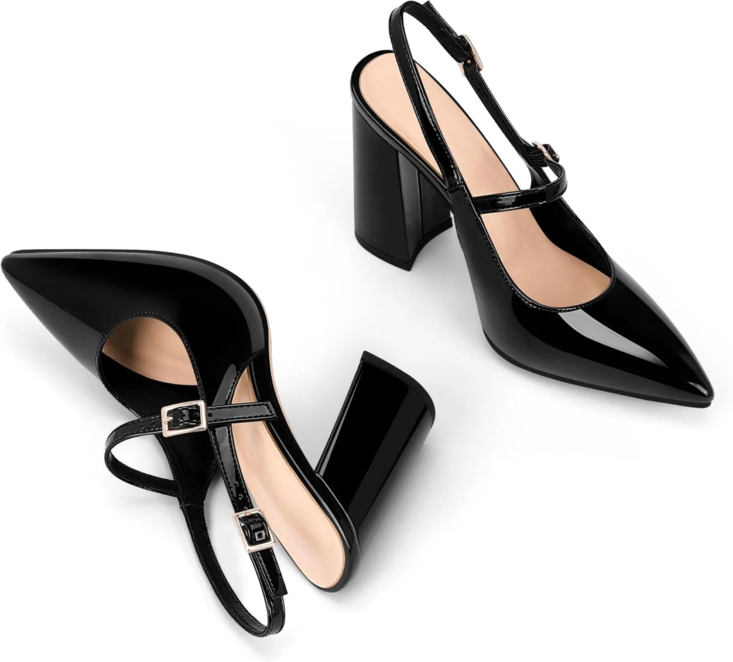 Women's Chunky High Heel Pumps Pointed Toe Slingback Buckle Strap Patent Leather Dress Shoes