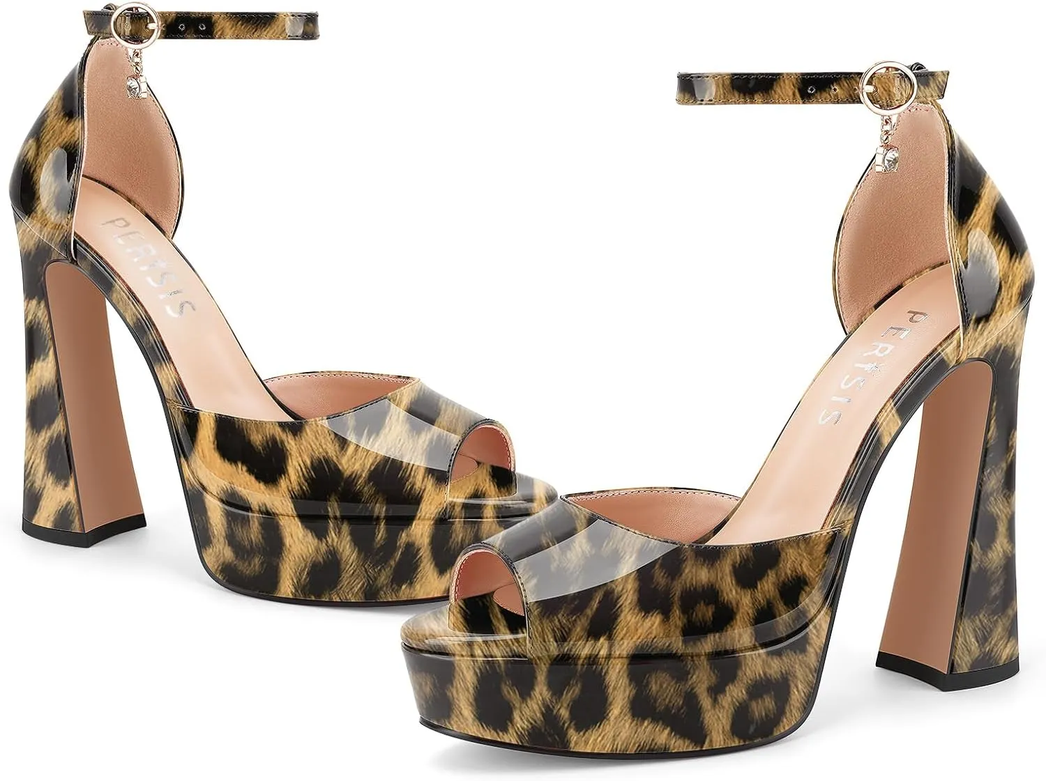 Women's Chunky Platform Heels Patent Leather Block Heeled Sandals Open Peep Toe Dressy Shoes with Ankle Strap Buckle and Rhinestone for Ladies Sexy Summer 5 Inch