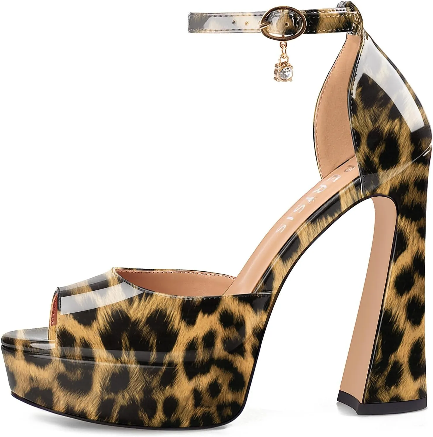 Women's Chunky Platform Heels Patent Leather Block Heeled Sandals Open Peep Toe Dressy Shoes with Ankle Strap Buckle and Rhinestone for Ladies Sexy Summer 5 Inch