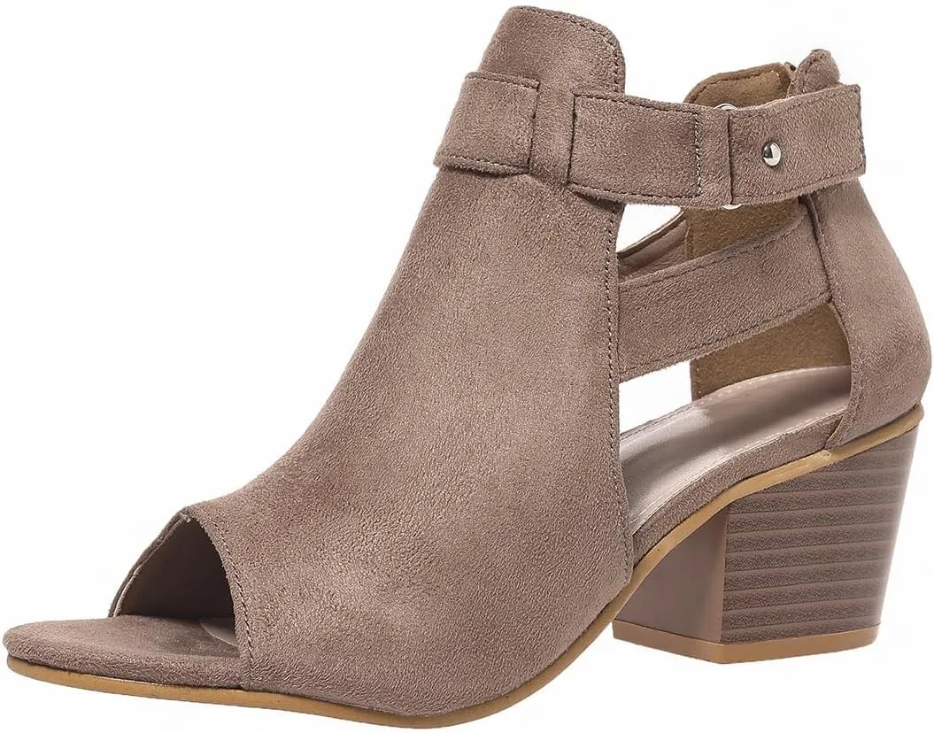 Women's Cutout Ankle Booties Peep Toe Suede Side Ankle Strap Mid Black Chunky Heel Booties Fashion Dress Sandals