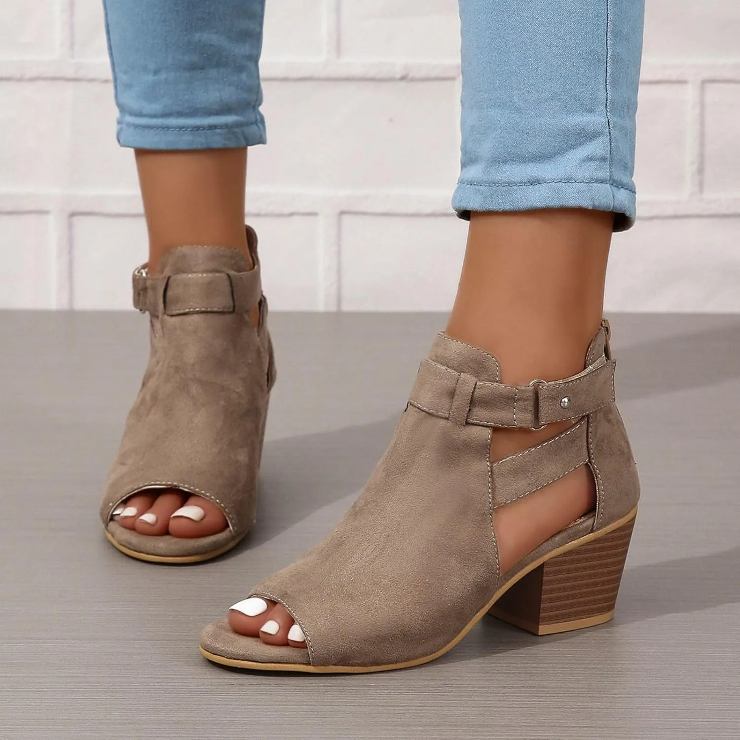 Women's Cutout Ankle Booties Peep Toe Suede Side Ankle Strap Mid Black Chunky Heel Booties Fashion Dress Sandals