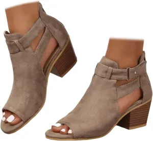 Women's Cutout Ankle Booties Peep Toe Suede Side Ankle Strap Mid Black Chunky Heel Booties Fashion Dress Sandals