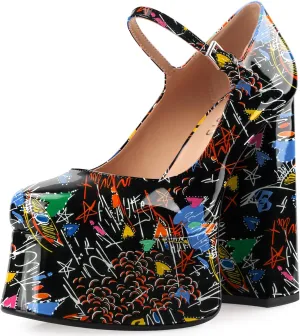 Women's Dressy Platform Chunky High Heels Patent Leather Ankle Strap Closed Toe Heeled Mary Jane Pumps Shoes