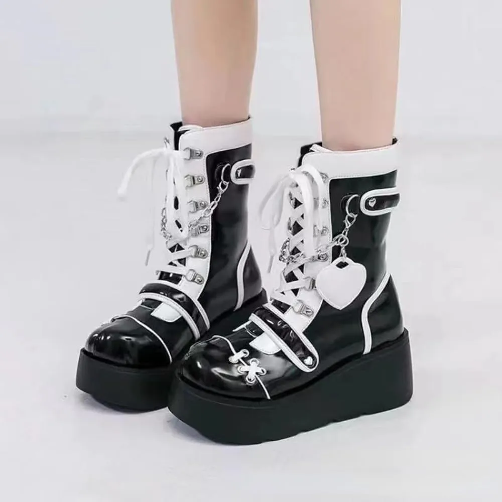 Women's Goth Platform Ankle Boots with Cute Heart Buckles Chunky Block Heels Round Toe Zipper Punk Motorcycle Combat Boots Short Gothic Booties