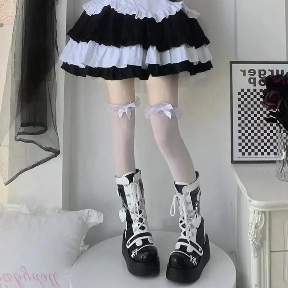 Women's Goth Platform Ankle Boots with Cute Heart Buckles Chunky Block Heels Round Toe Zipper Punk Motorcycle Combat Boots Short Gothic Booties