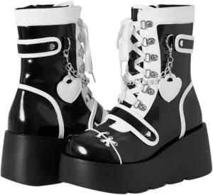 Women's Goth Platform Ankle Boots with Cute Heart Buckles Chunky Block Heels Round Toe Zipper Punk Motorcycle Combat Boots Short Gothic Booties