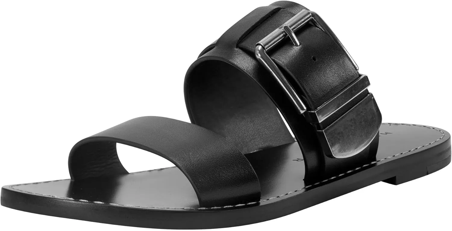 Women's HALLYN Flat Sandal, Black Leather 001, 8